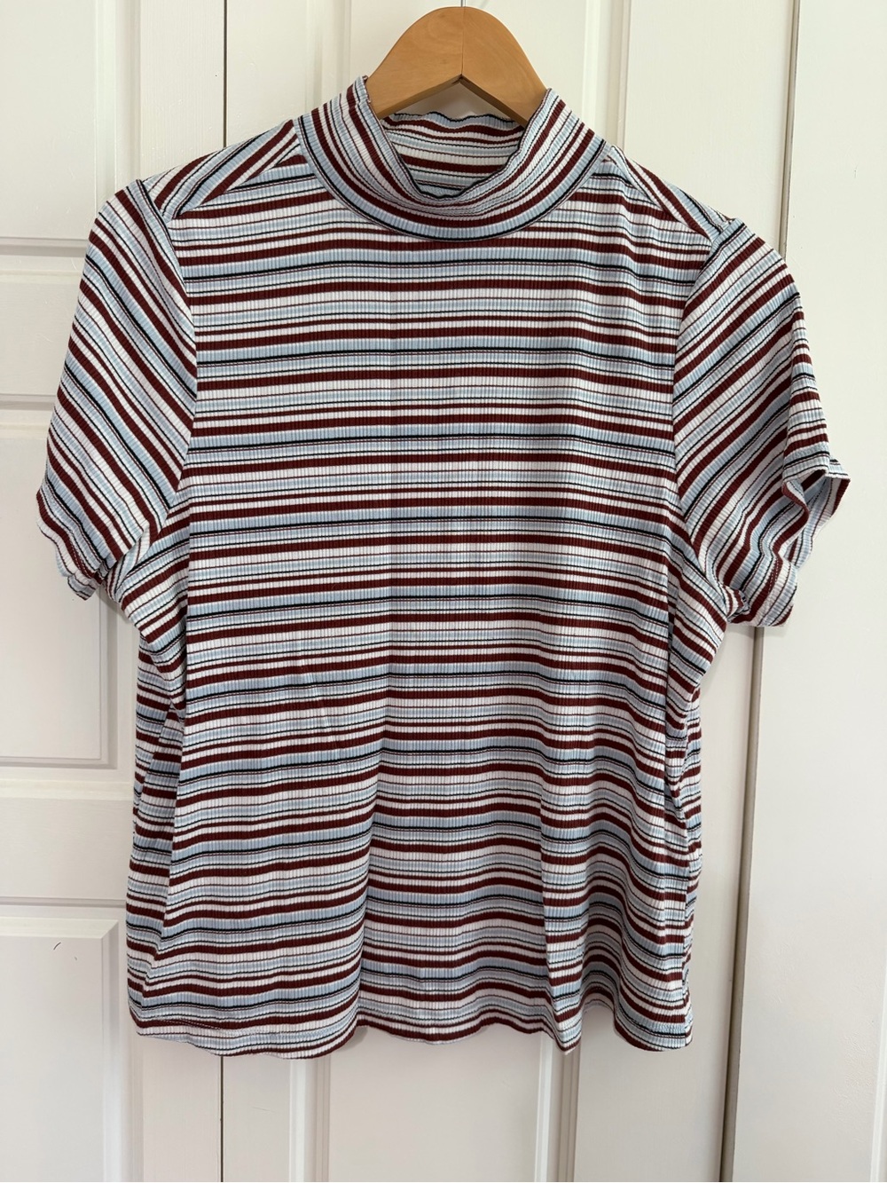 Anthropologie Striped Mock Neck Short Sleeve Top in White, Burgundy, and Black